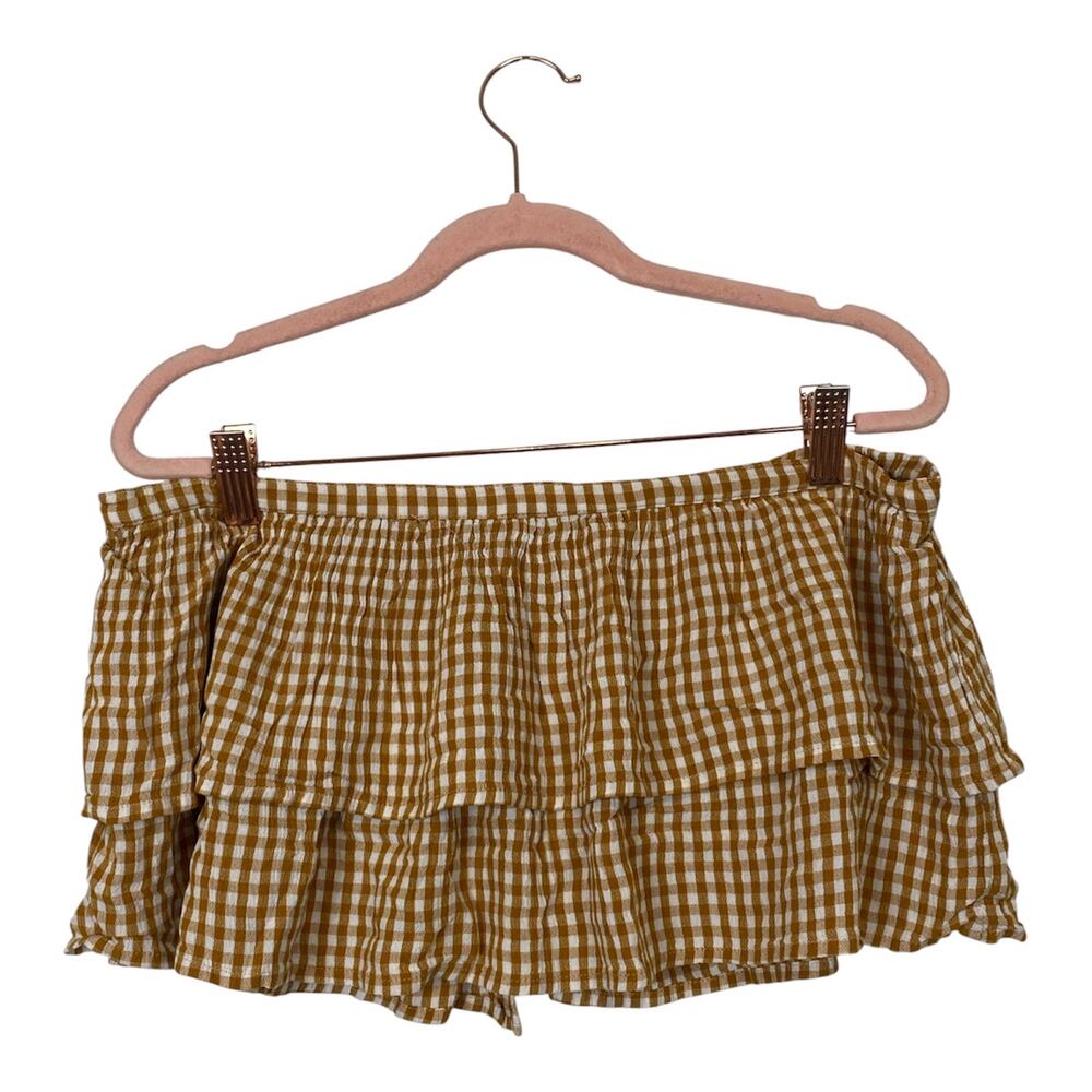 Kimchi Blue Women Yellow Gingham Tube Crop Top Smocked Tiered Size L